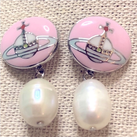 silver pink enamel 2 in one stud or drop earrings - Picture 3 of 9